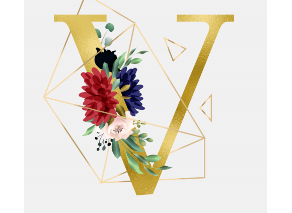 Alphabet V Floral Wreath Golden Foil and Graphic Templates